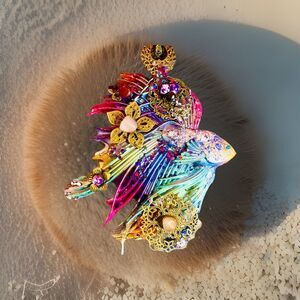 Ornate Colorful Betta Fish Genuine Gemstones Wall Art Artisan Made 7x7"